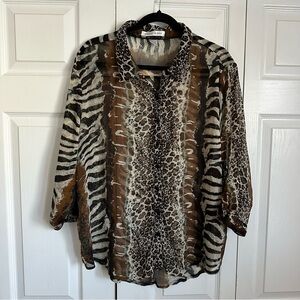 Maggie & Max Womens Brown Animal Print Zebra Cheetah Roll Tab Sleeve Blouse 2X
